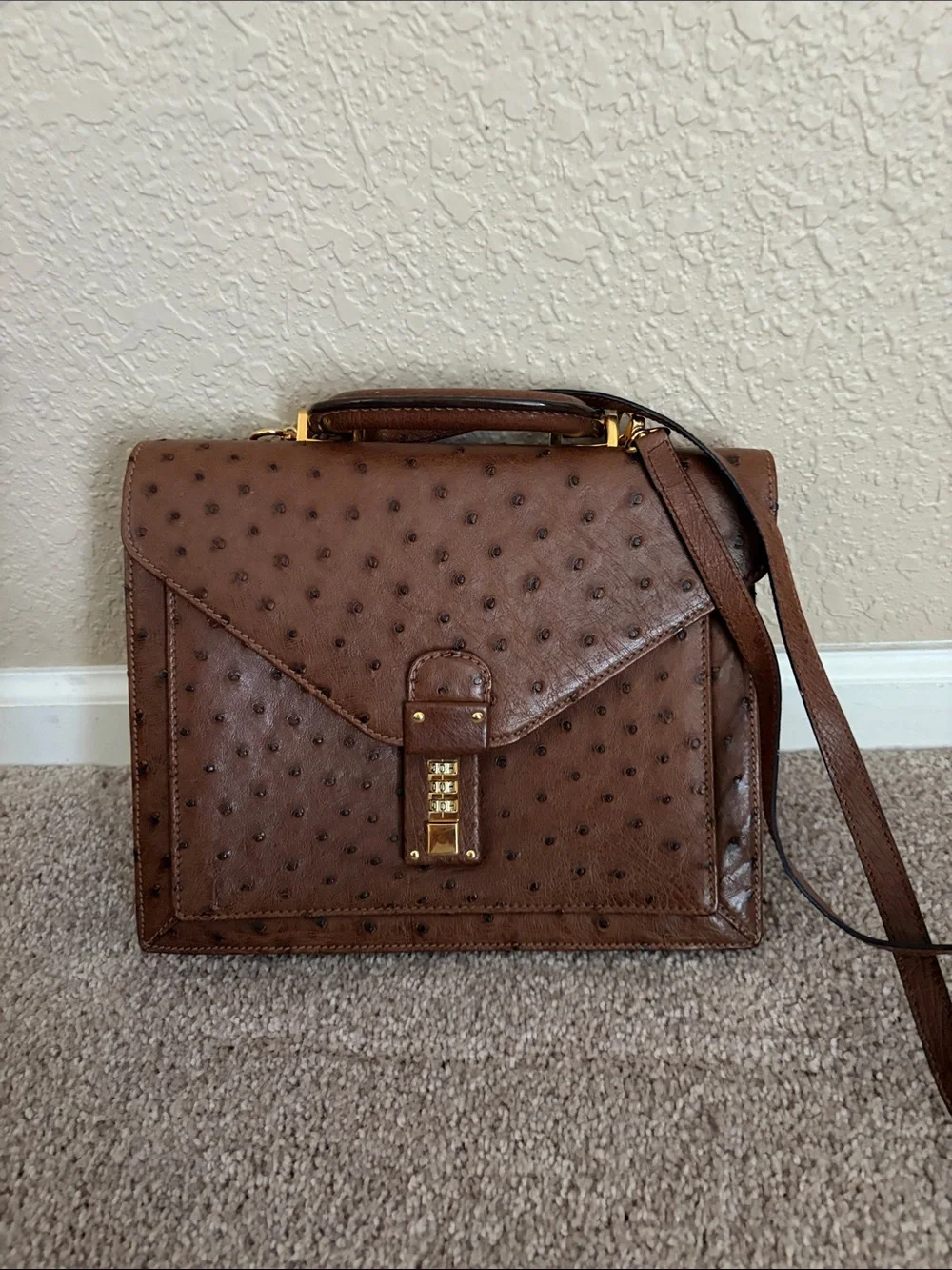 Lorenzi Brown Ostrich Leather Top-Handle Crossbody Bag made in Italy like new